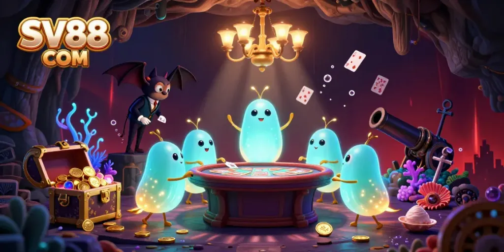 Experience the vibrant cave casino of SV88 COM, illuminated by glowing worms, with colorful treasures and games.