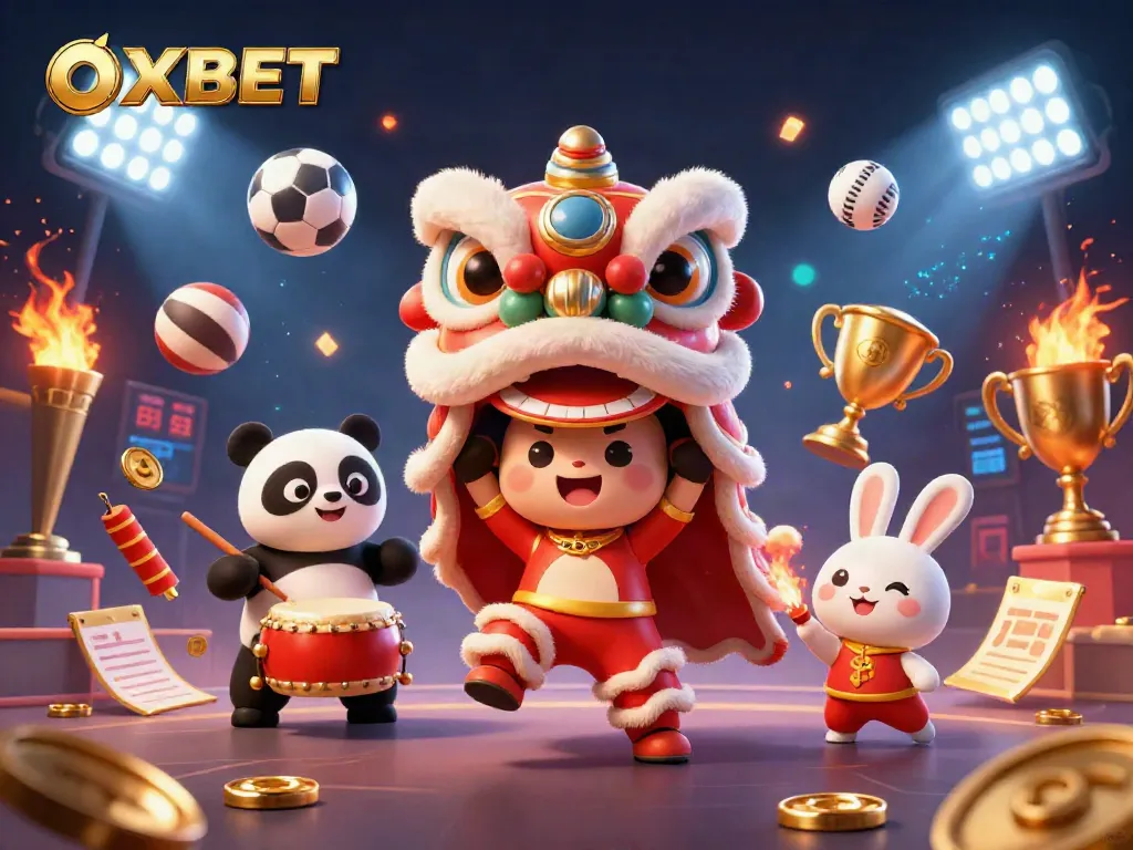 Experience thrilling action with OXBET and a vibrant lion dance in a dynamic casino scene.