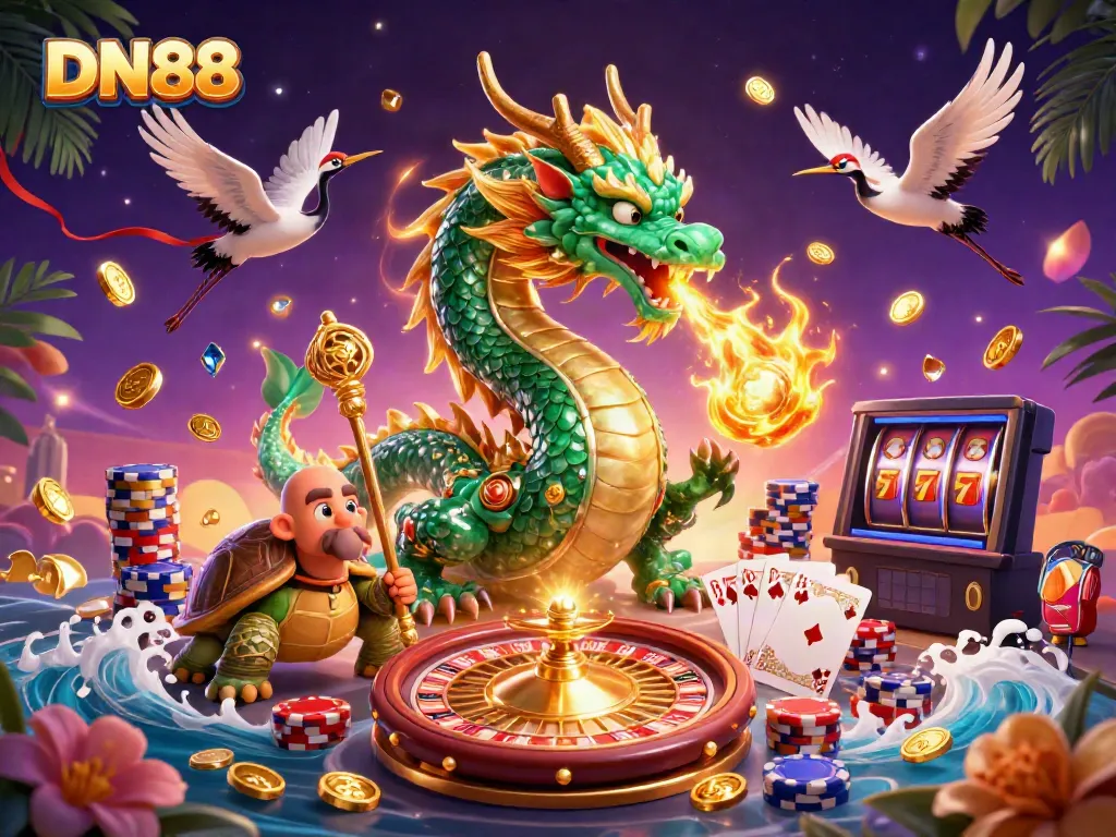 Experience thrilling games at DN88, featuring dynamic dragons, spinning roulette, and golden treasures.
