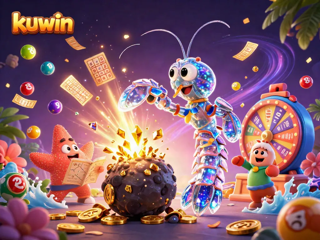 Kuwin captures excitement with a galactic mantis shrimp smashing asteroids for gems in a vibrant casino scene.