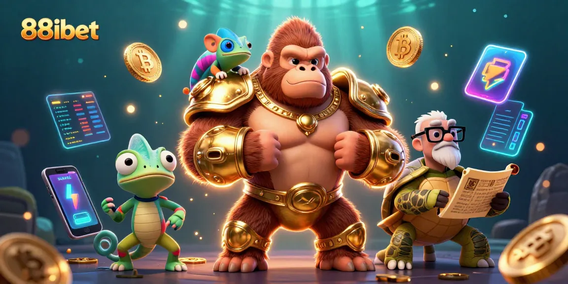 Engage with the vibrant scene of 88ibet, showcasing a gorilla king, chameleon, and tortoise amid crypto elements.
