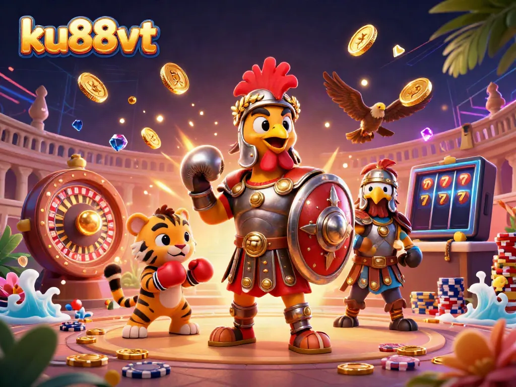 Engage with thrilling games at ku88vt while enjoying the dynamic casino-themed illustration.