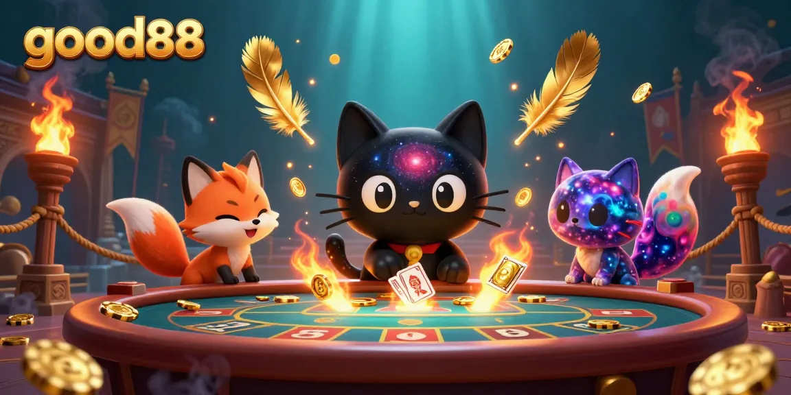 Engage in thrilling gaming at good88 with vibrant 3D casino characters and cosmic elements.