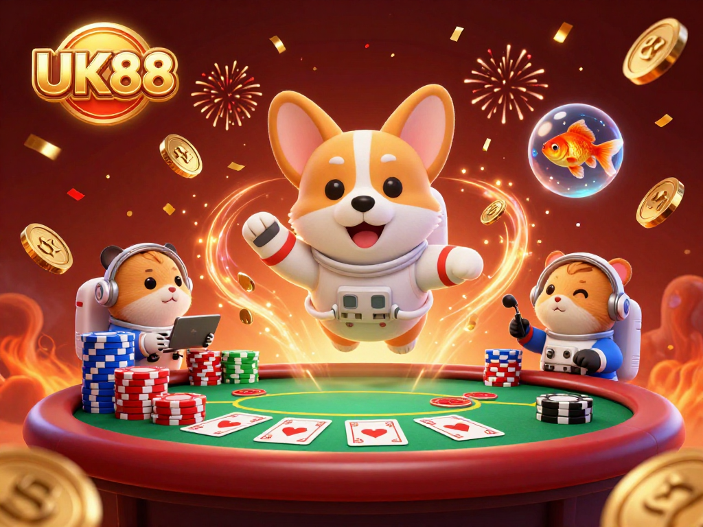 Engage with UK88's vibrant space casino adventure featuring an astronaut corgi and floating poker elements.