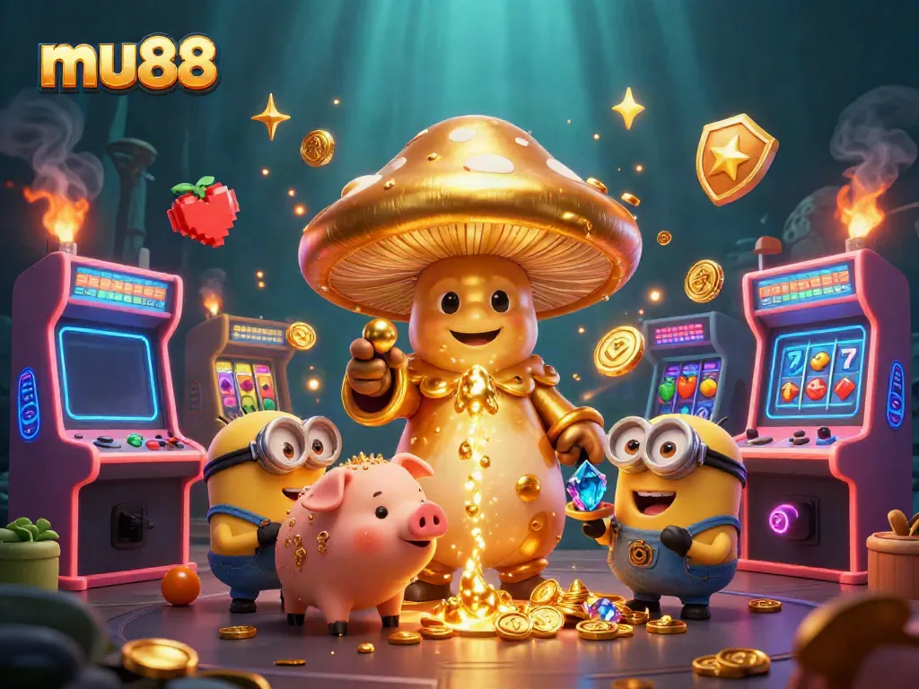 Experience mu88's vibrant casino atmosphere with a whimsical golden wizard and treasure-hunting companions.