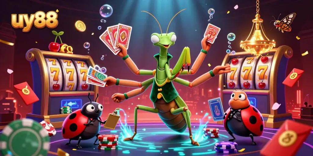 Experience the excitement of uy88's slot machines with vibrant characters and captivating gambling elements.