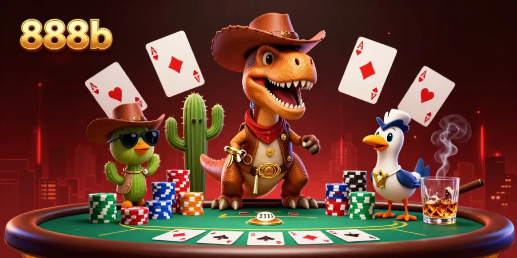 Play poker with 888b in this vibrant 3D illustration featuring a dinosaur, cactus, and roadrunner.