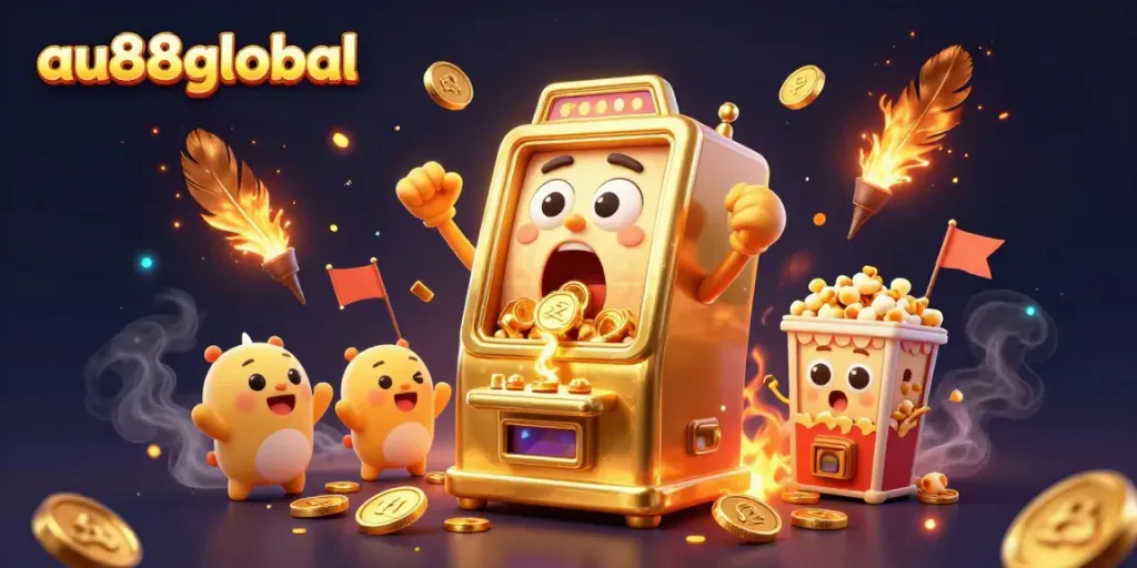 Experience jackpots with au88global's golden slot machines amid a vibrant casino atmosphere.
