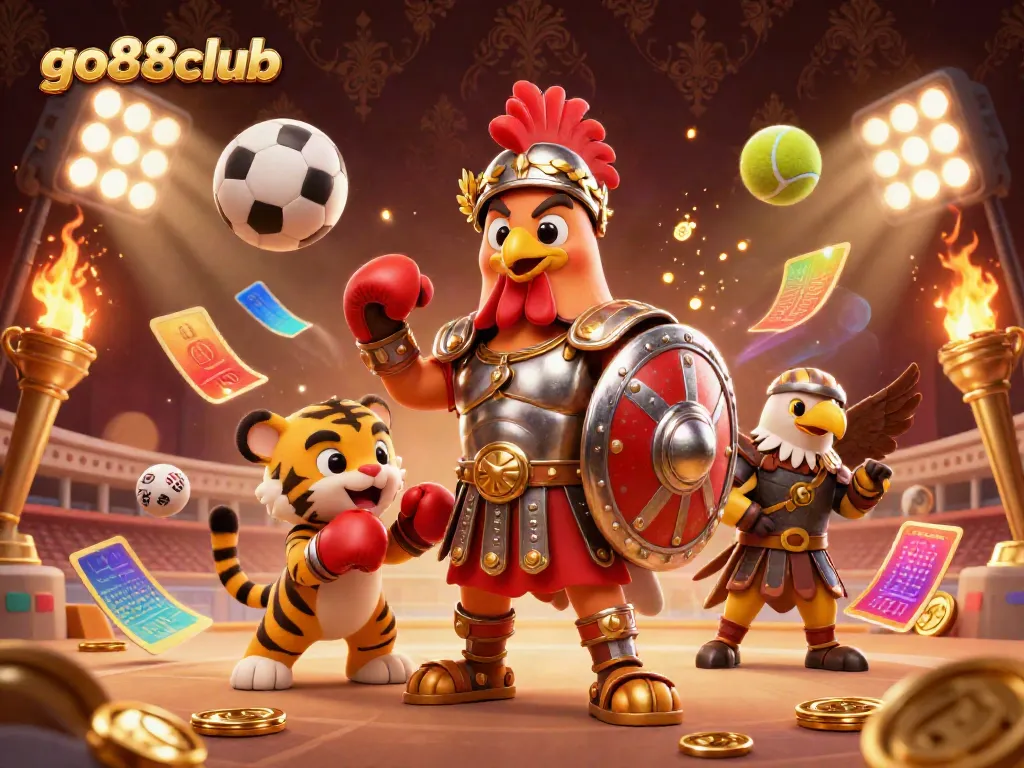 Experience thrilling gameplay at go88club with a vibrant 3D casino scene showcasing characters and dynamic sports elements.