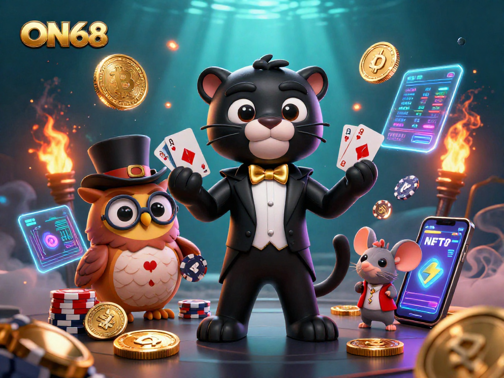 ON68 casino scene featuring a stylish panther dealing cards with Bitcoin and Ethereum coins.