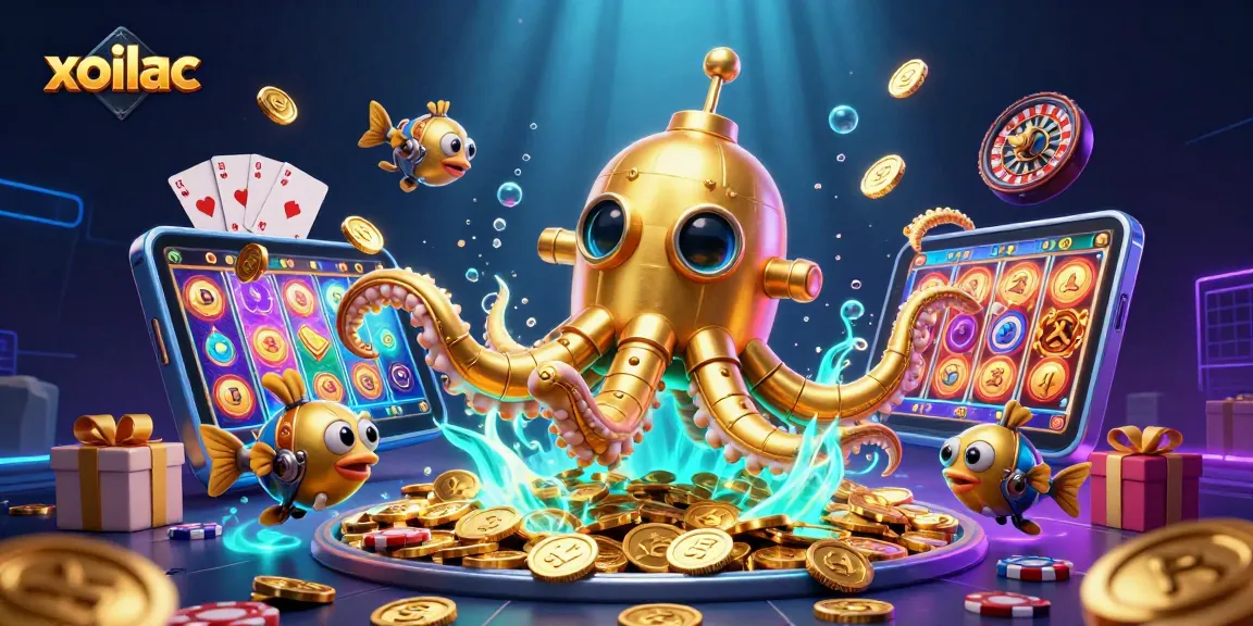 Xoilac captures thrilling gaming moments with a golden kraken submarine in a sea of coins.
