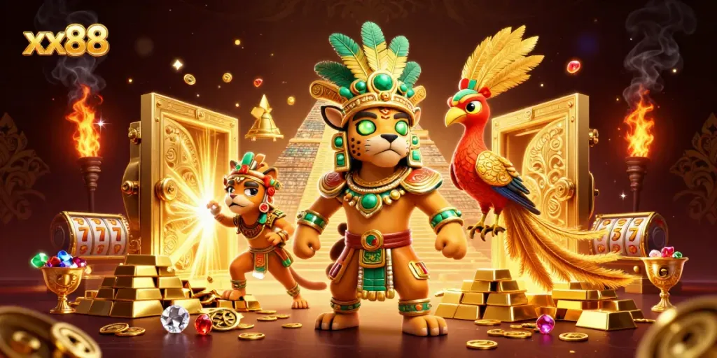 Experience excitement with xx88 casino, showcasing vibrant 3D Mayan-themed illustration full of treasures.
