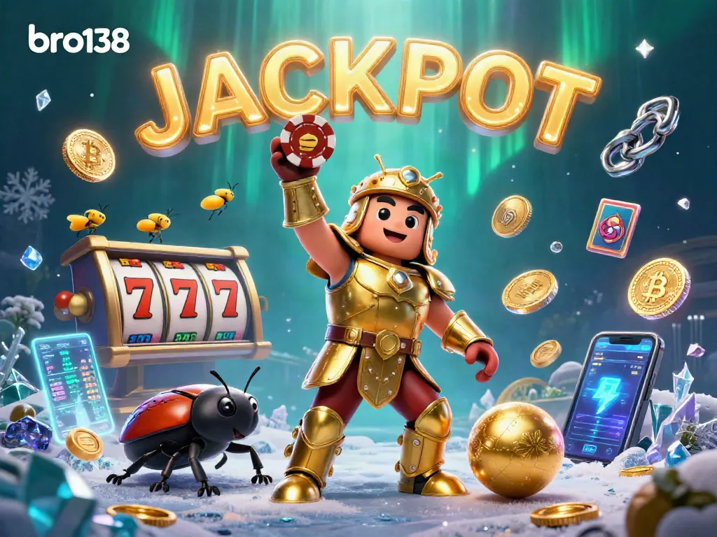 Experience thrilling wins with bro138 as the victorious beetle lifts a poker chip in a vibrant casino scene.