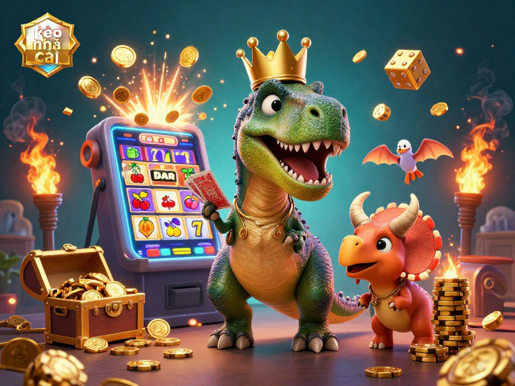 Experience exciting kèo nhà cái action with a T-Rex dealing cards and a triceratops stacking chips.