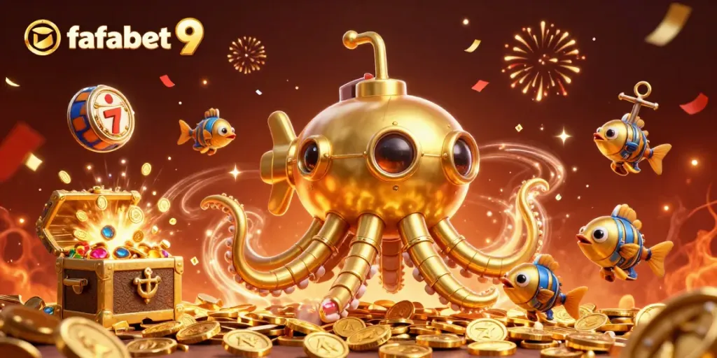 Enjoy thrilling spins at fafabet 9 with a golden kraken submarine amidst gold coins.