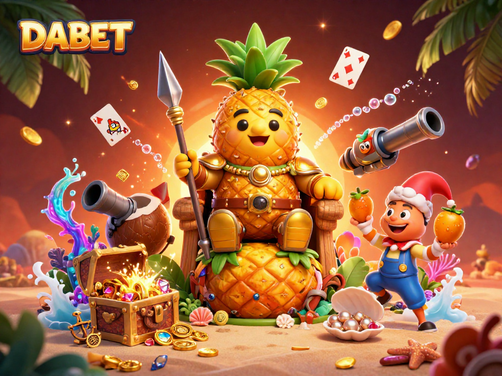 DABET illuminates a vibrant casino scene with the golden pineapple king and aquatic treasures, enhancing gaming excitement.
