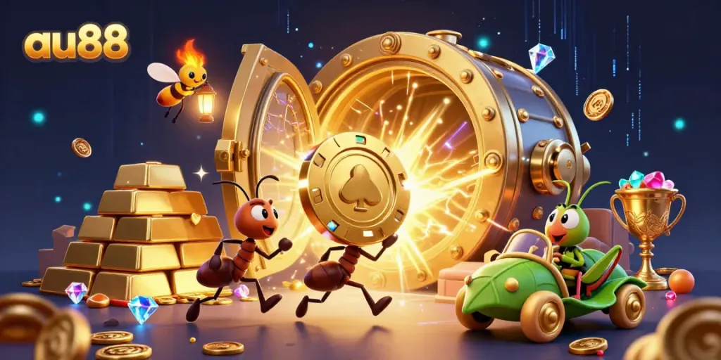 Join the 3D cartoon ants in a heist carrying a giant poker chip at au88, surrounded by treasure and excitement.