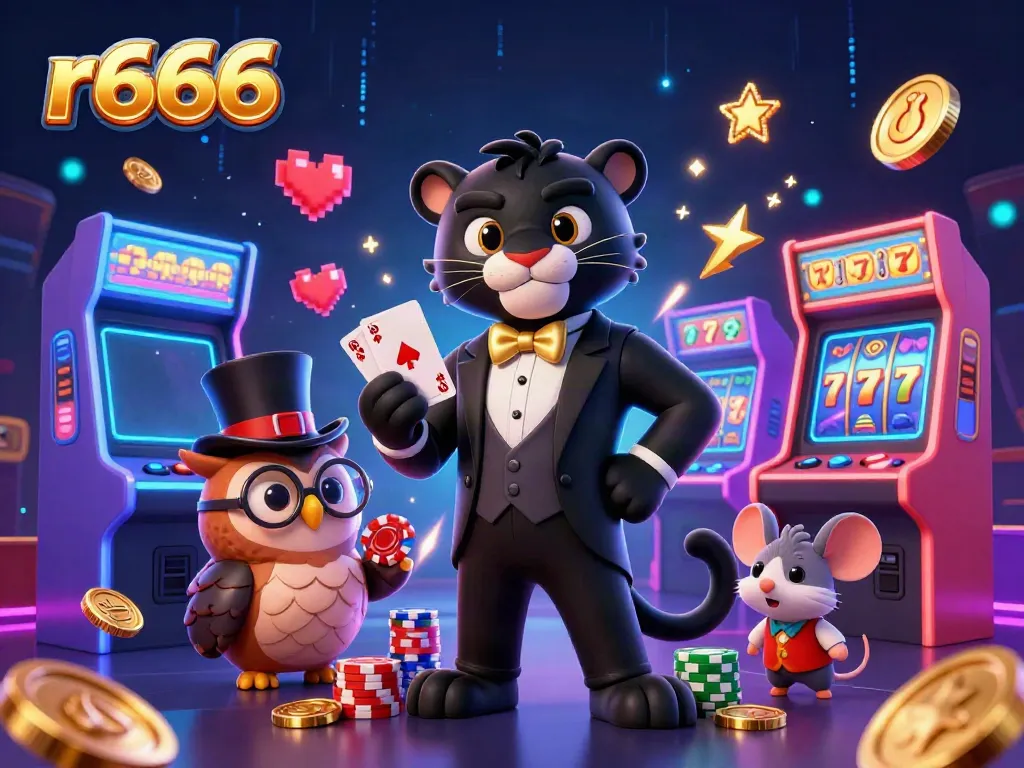 Experience thrilling slots action in r666 with a 3D black panther dealer and vibrant game elements.