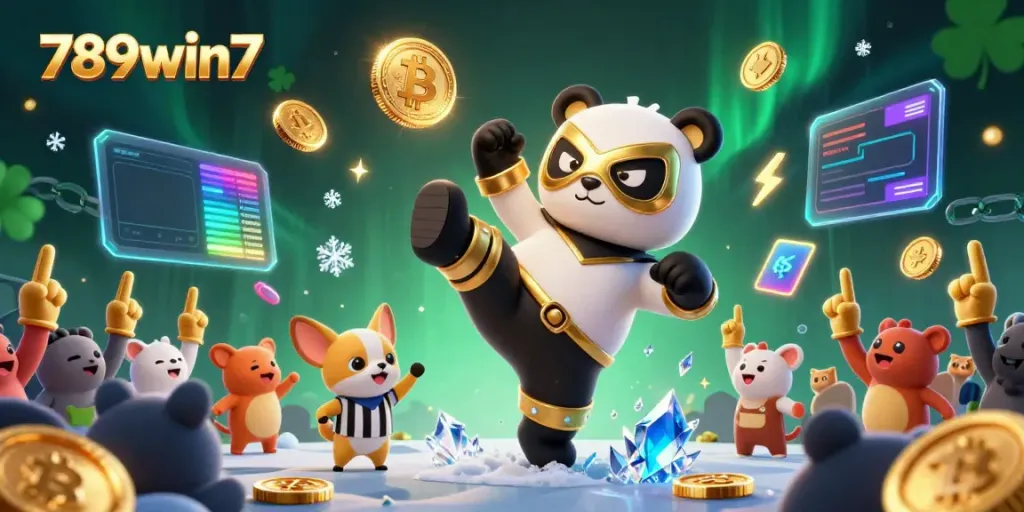 Engage in thrilling action at 789win7 with a panda wrestler and crypto elements highlighting the fun.