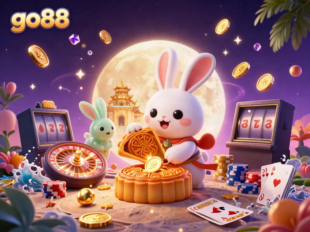 Spin the reels with go88's vibrant moon rabbit illustration revealing poker chips and treasures.