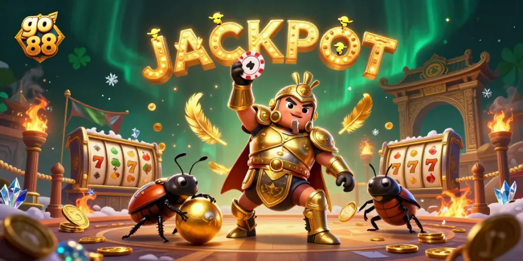 Winning big at go 88 as a hercules beetle celebrates with poker chips and a jackpot display.