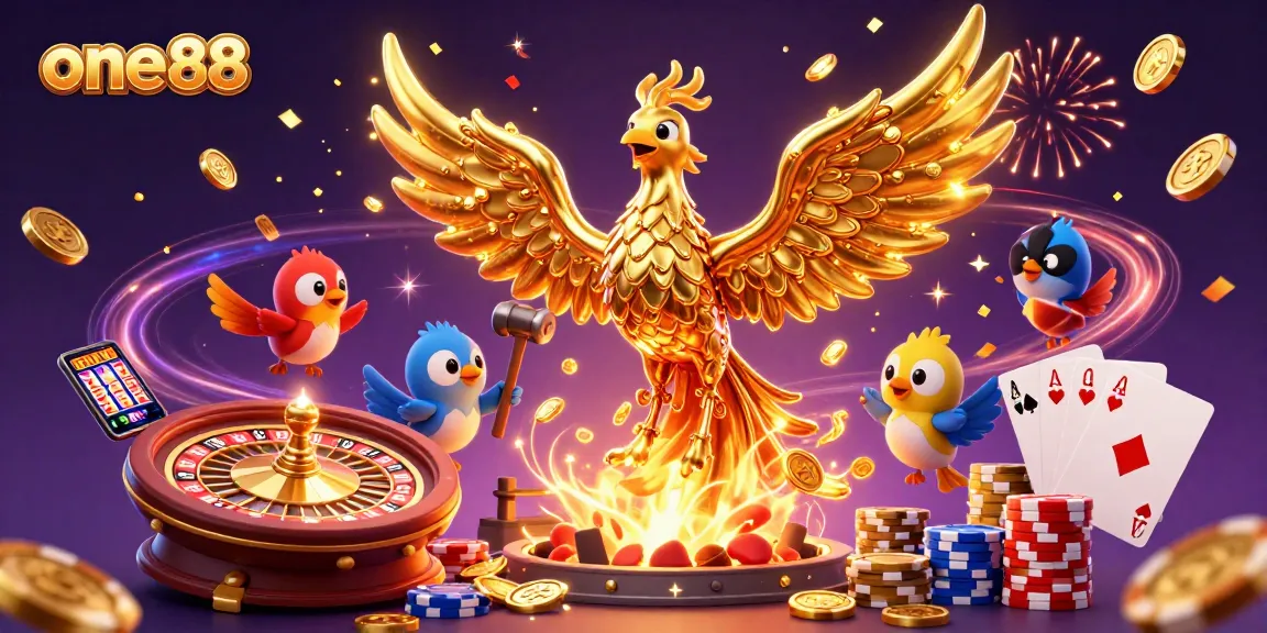 Engage with exciting games at one88 featuring golden phoenix and vibrant casino elements.