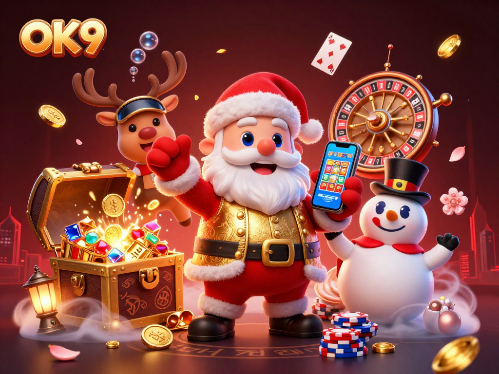 Engage in thrilling gameplay at OK9 casino with festive scenes of winning slots and dynamic characters.