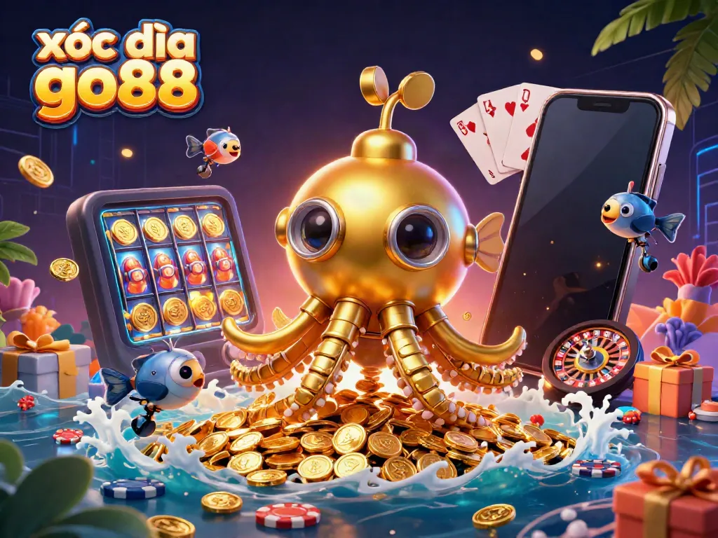 xóc đĩa go88 showcases an exciting scene with a golden kraken submarine surrounded by slot game elements.