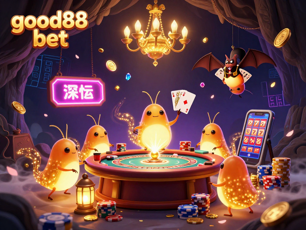 Experience the thrill of good88 bet in a vibrant cave casino with glowworms and dazzling slot elements.