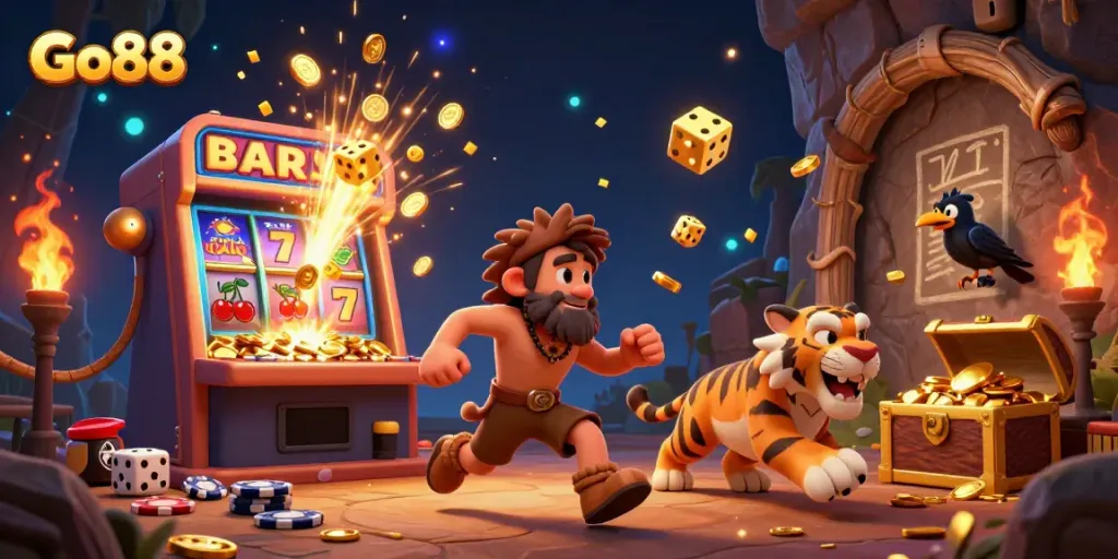 Experience the thrilling world of Go88 with vibrant 3D illustrations showcasing lively gambling scenes.