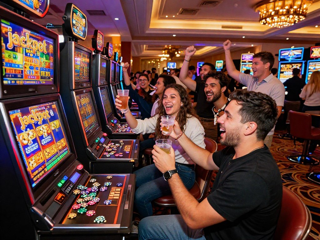 Joyful friends at a slot jackpot win in a vibrant casino atmosphere.