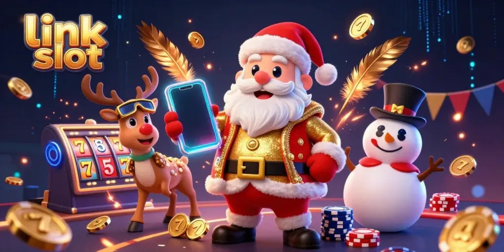 Experience exciting jackpot wins at link slot with Santa and friends in a vibrant casino illustration.