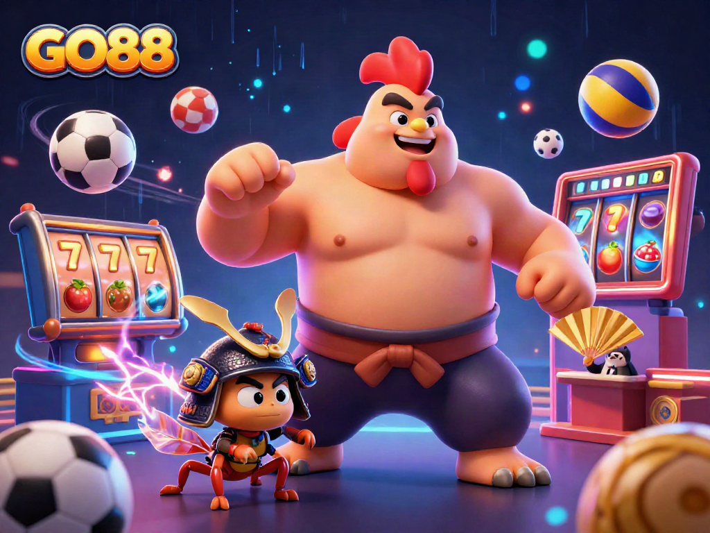 Engage in thrilling gameplay with GO88, featuring dynamic slot reels and colorful characters.