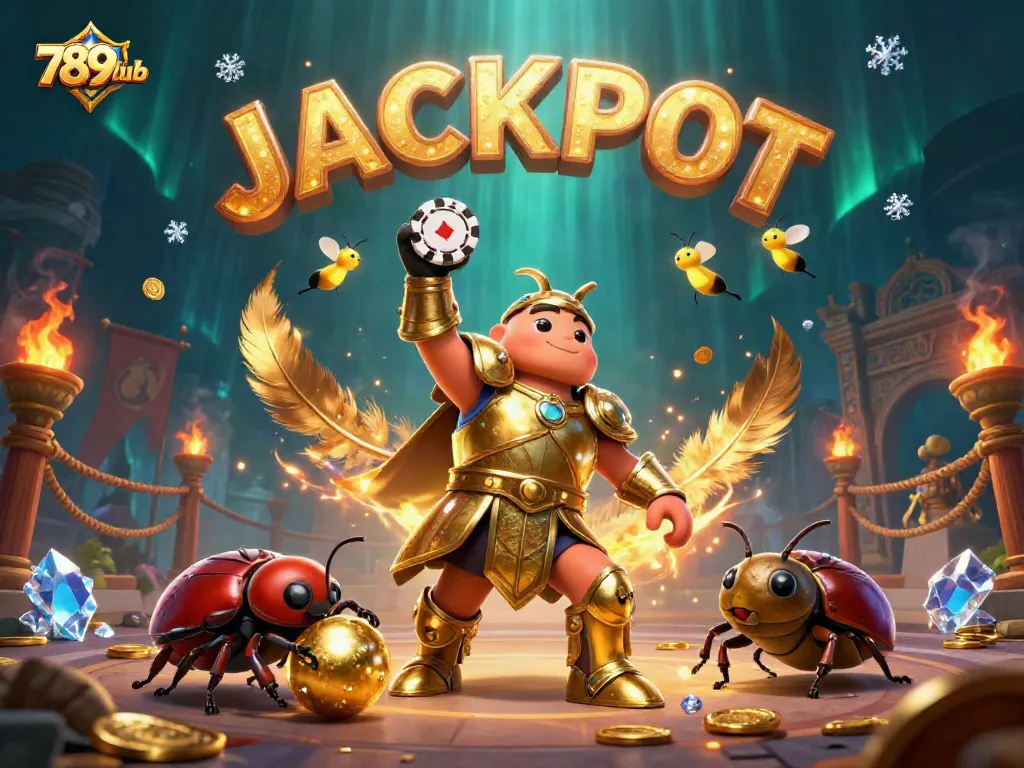 Experience thrilling wins at 789club with a victorious cartoon beetle celebrating cash gaming.