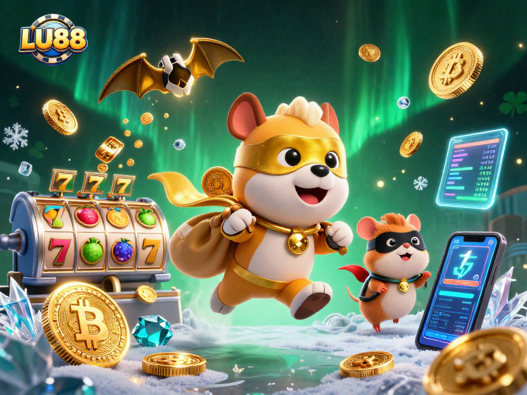 LU88 casino superheroes celebrate wins among glowing coins and slot machines in a vibrant 3D scene.