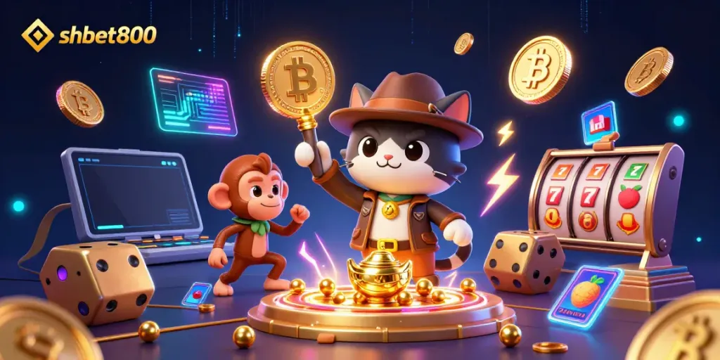 Engage in thrilling gaming at shbet800 with an adventurous cat exploring a golden casino artifact.