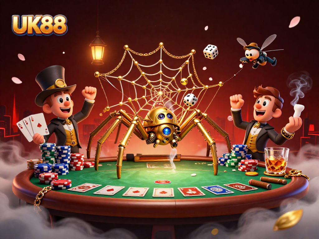 Experience UK88's vibrant online casino atmosphere with an engaging steampunk spider and Victorian fly gentleman.