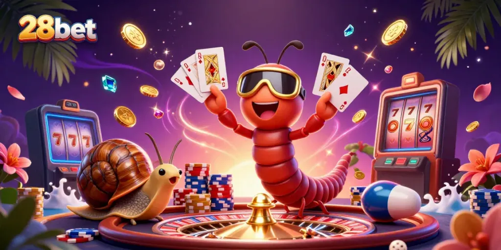 Engage in thrilling gaming adventures at 28bet with a dynamic casino scene featuring a lively character ensemble.