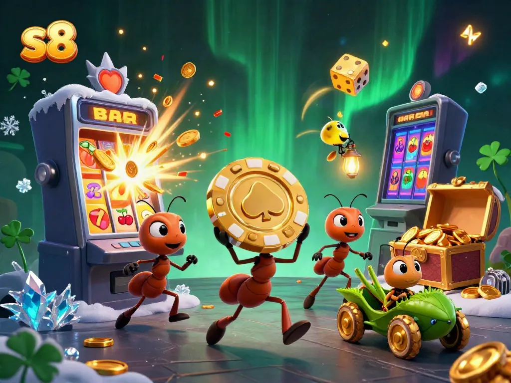 S8 in casino action with cartoon ants heist, golden chips, and jackpot slot machine.