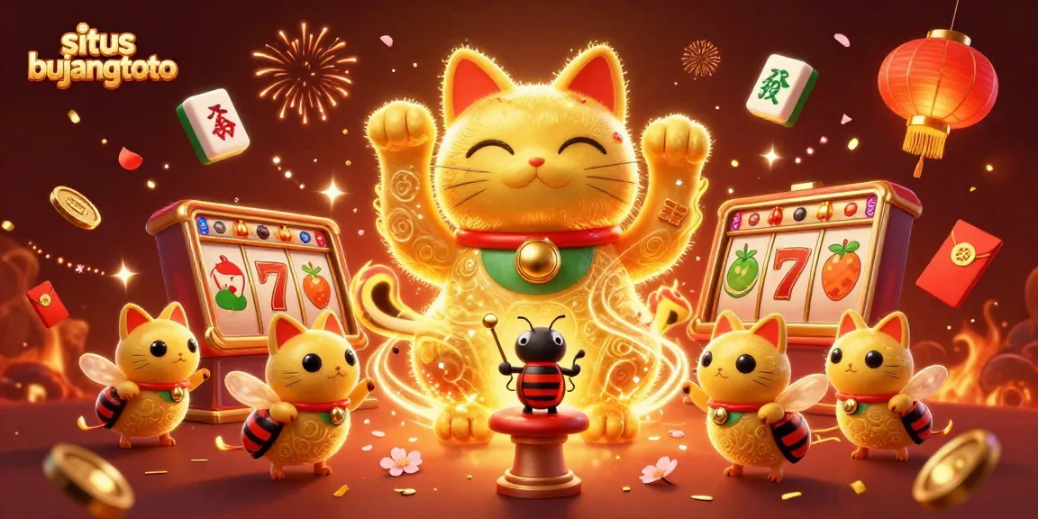 Situs bujangtoto showcases a vibrant casino scene with a lucky cat, jackpot elements, and festive decorations.