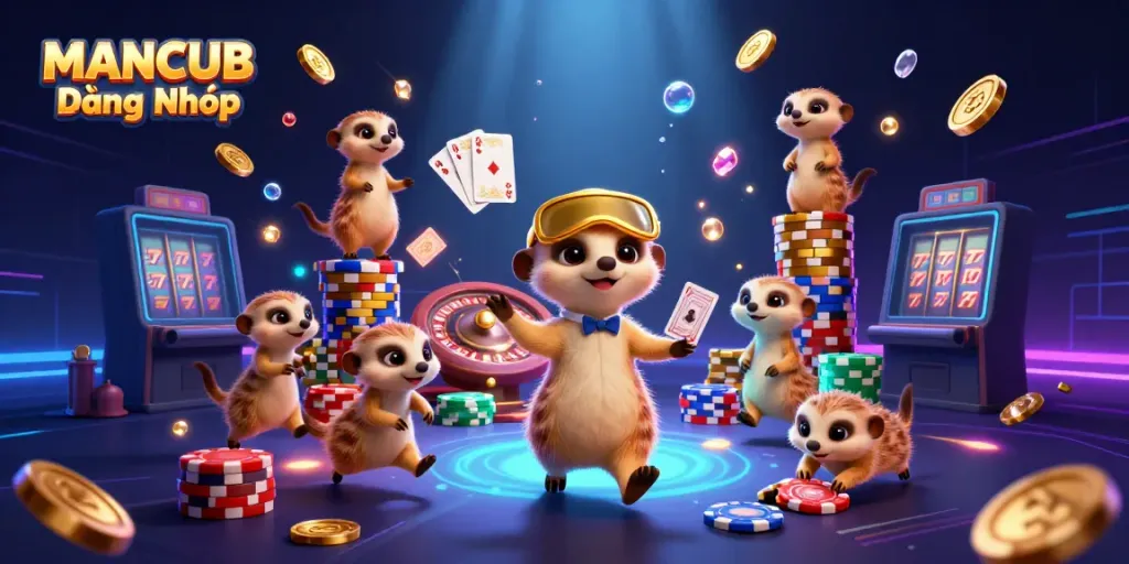 MANCUB Đăng Nhập promotes engaging gameplay with a lively meerkat casino scene bursting with excitement.