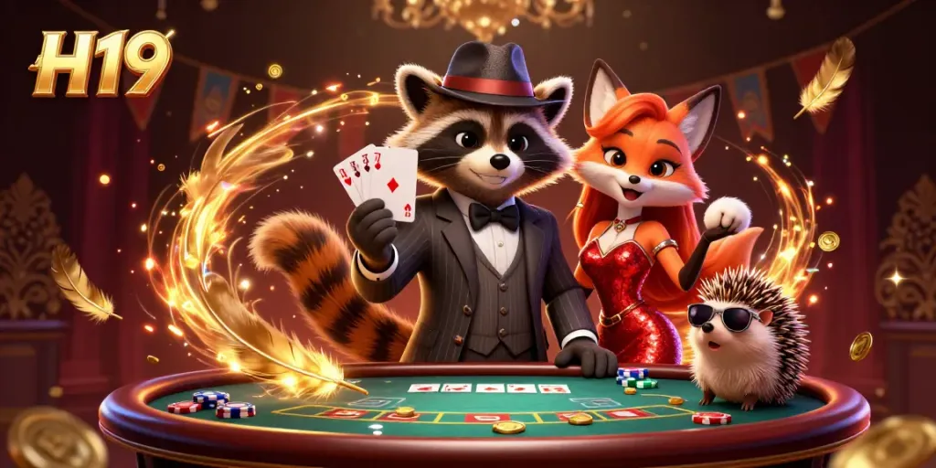 Experience the thrill of gambling at H19 with a raccoon holding a royal flush surrounded by vibrant casino elements.