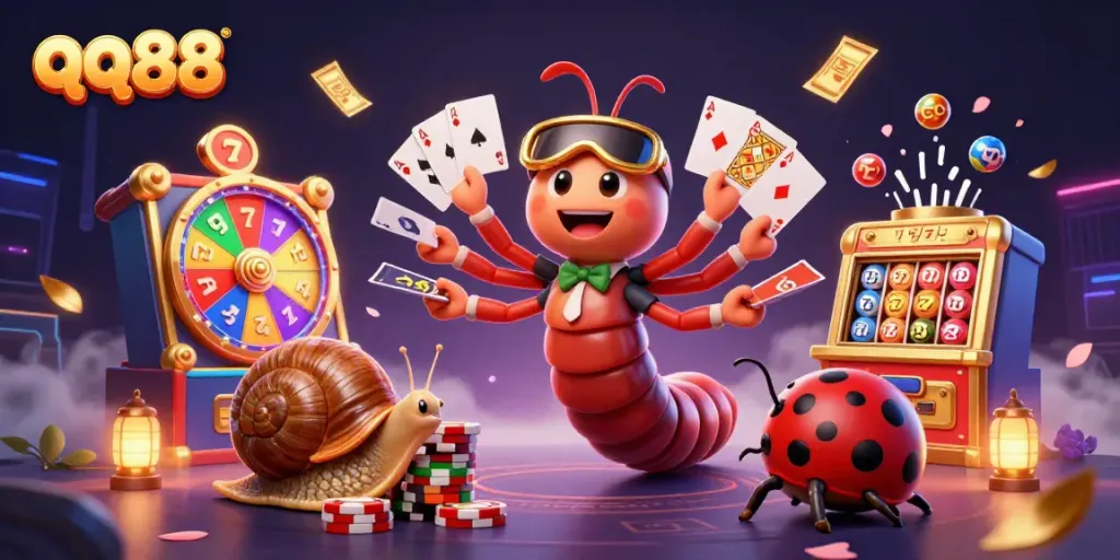 Experience the excitement at qq88 with vibrant characters and slot games creating a thrilling casino atmosphere.