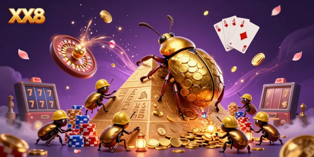 Experience the excitement of XX8 with a golden beetle rolling coins amidst casino symbols and game elements.