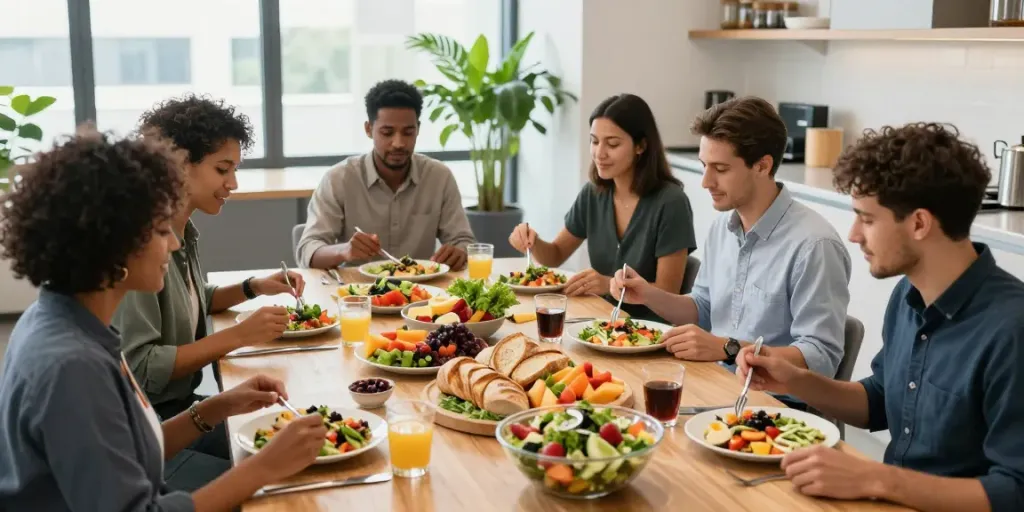 Gezellige lunchervaring met catering voor bedrijven in een moderne kantoorruimte.