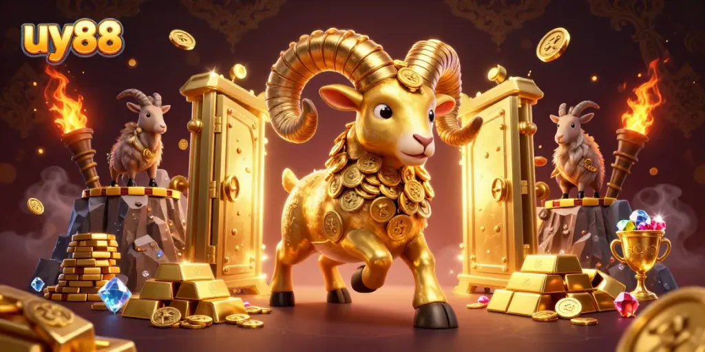 Engage with uy88's thrilling world as the golden ram charges through a vibrant casino scene.