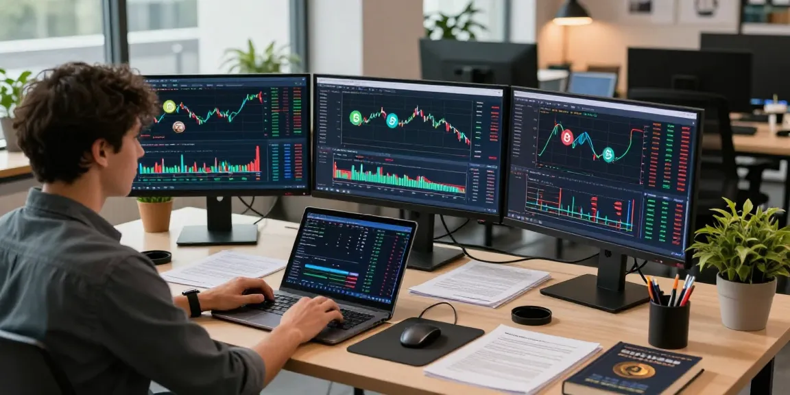 Welkruvozan cryptocurrency trading in moderne co-working ruimte met live prijsbewegingen.