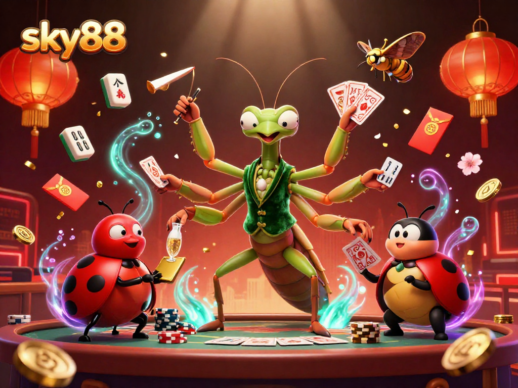 Engage with sky88's vibrant casino experience featuring an animated praying mantis dealer and festive game elements.