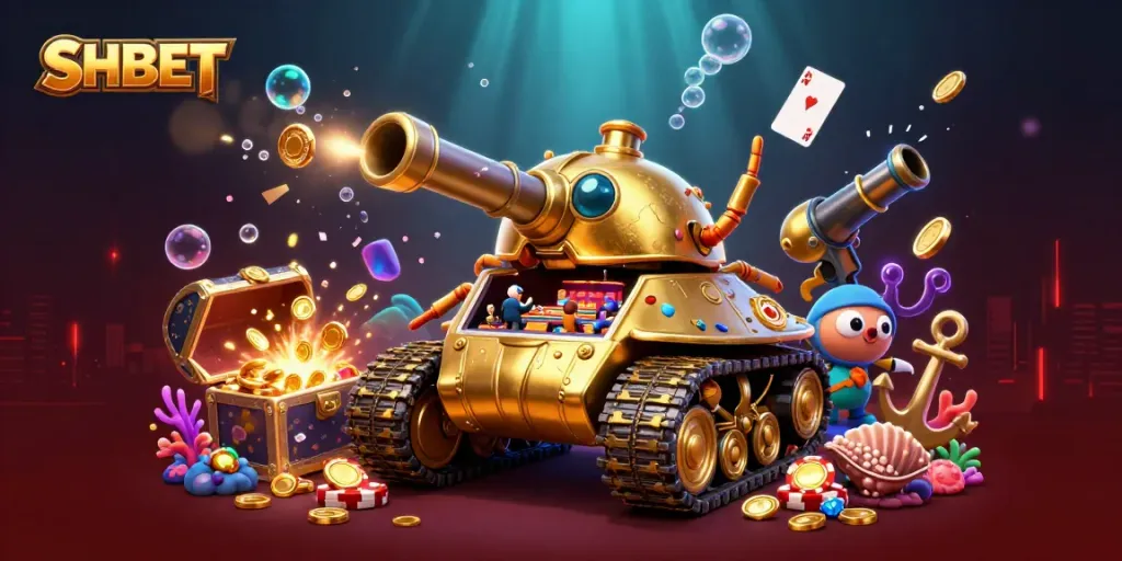 Experience SHBET with a dynamic golden beetle tank miniature casino, coins, and exciting gameplay.