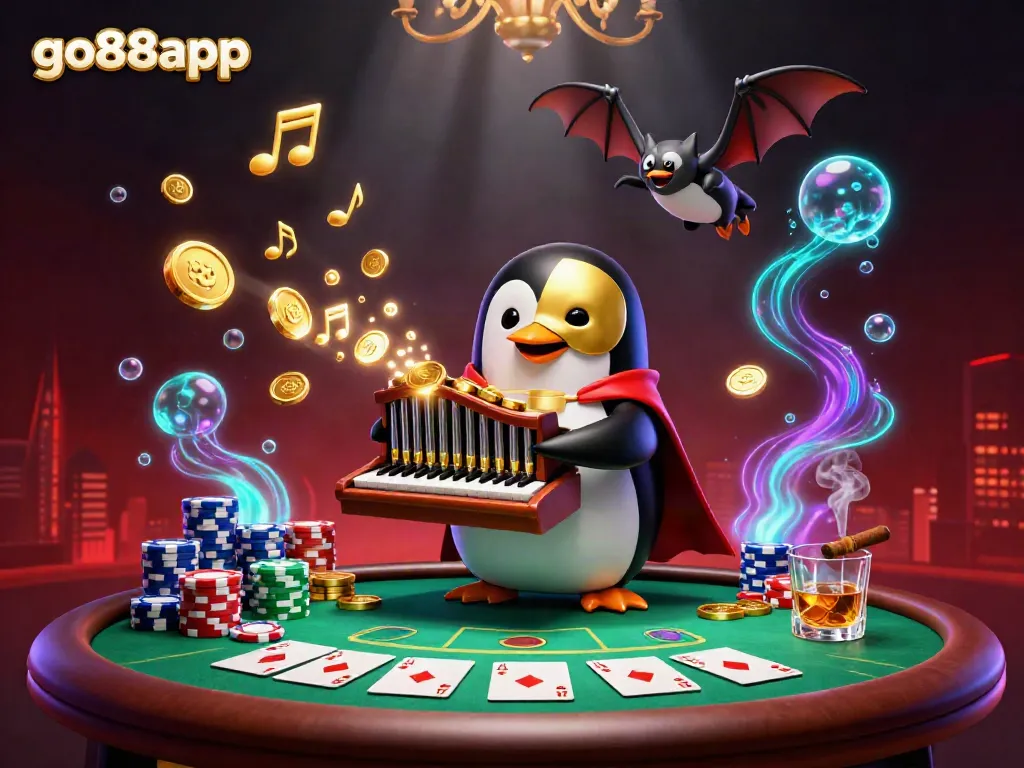 Engaging scene with go88app featuring a penguin playing a grand pipe organ shooting golden coins amidst poker elements, showcasing casino excitement.